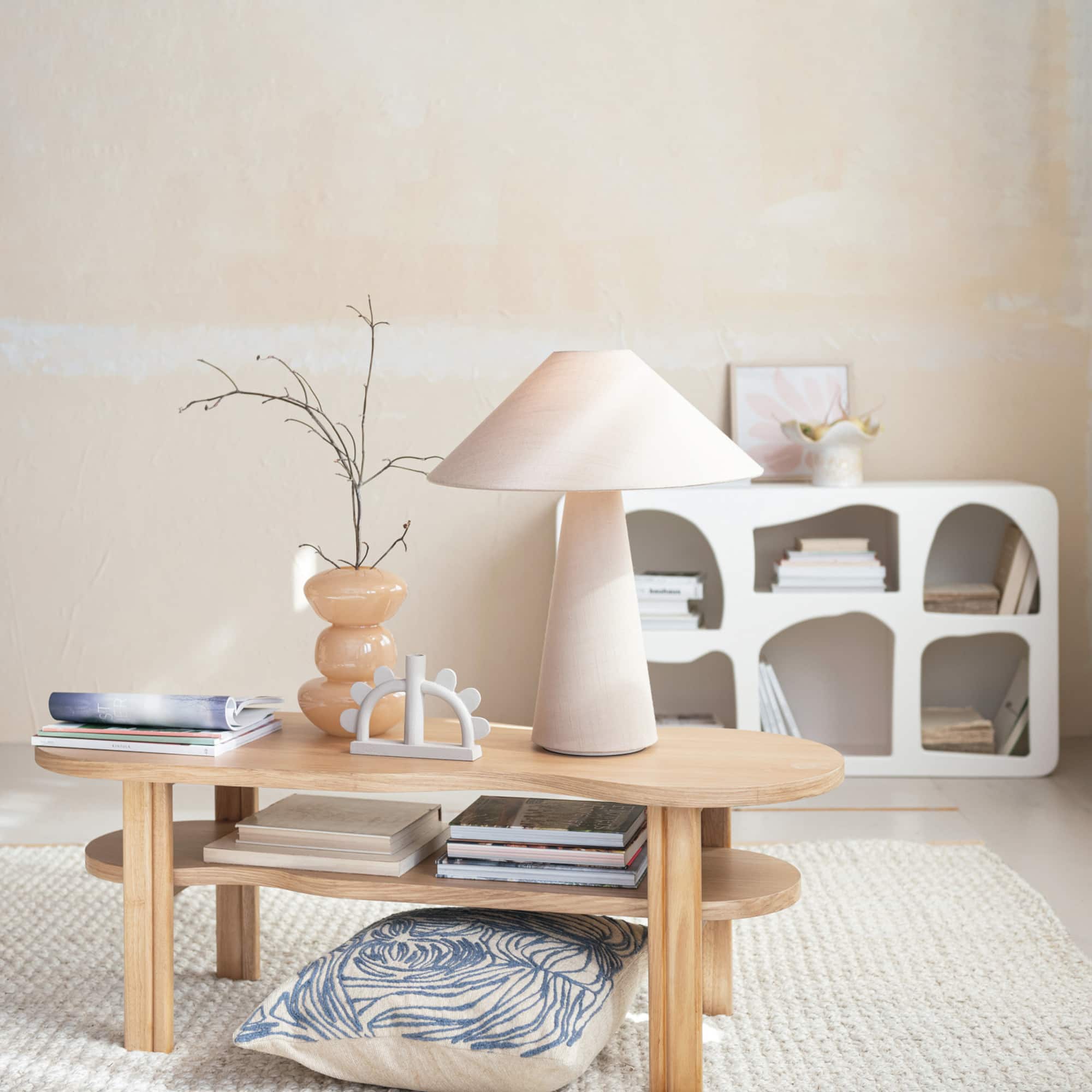 Hello Honey® Natural Oak Wood Veneer and Rubberwood Organic Shaped Coffee Table with Shelf